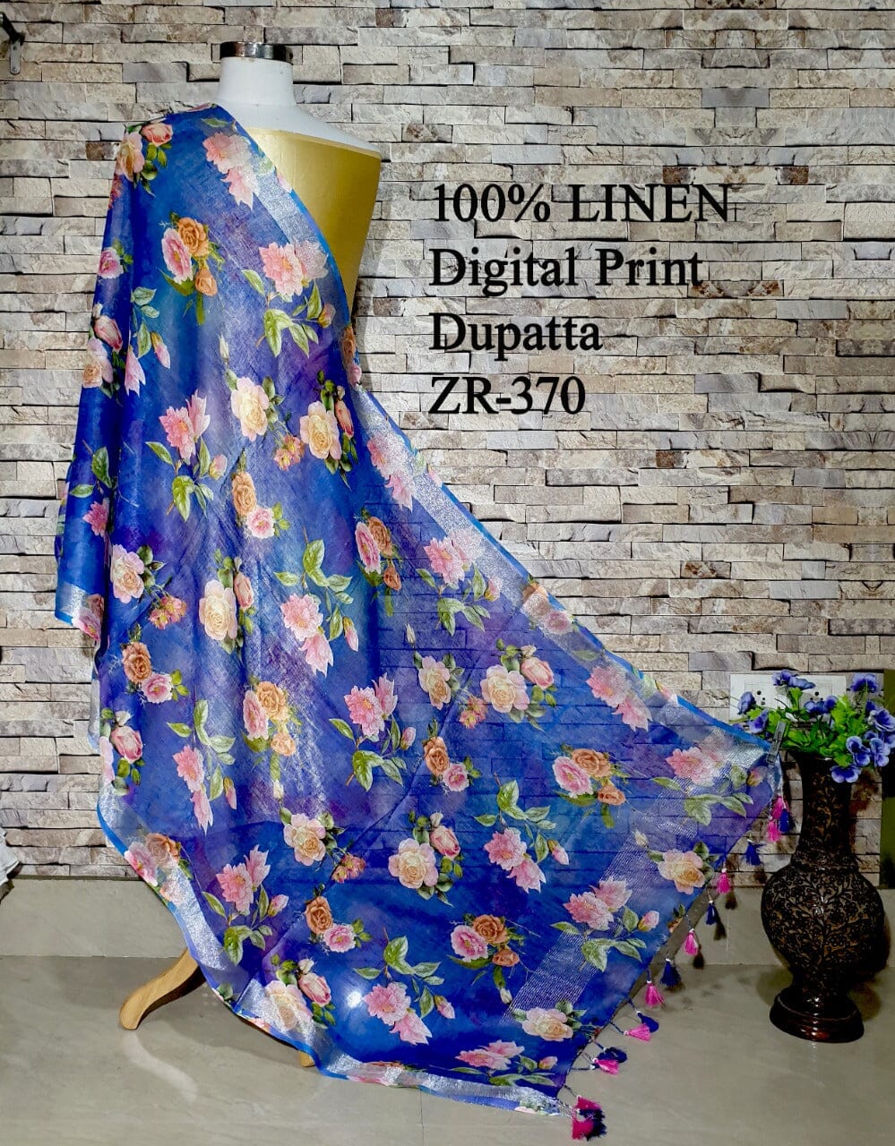 floral blue digital print pure linen dupatta