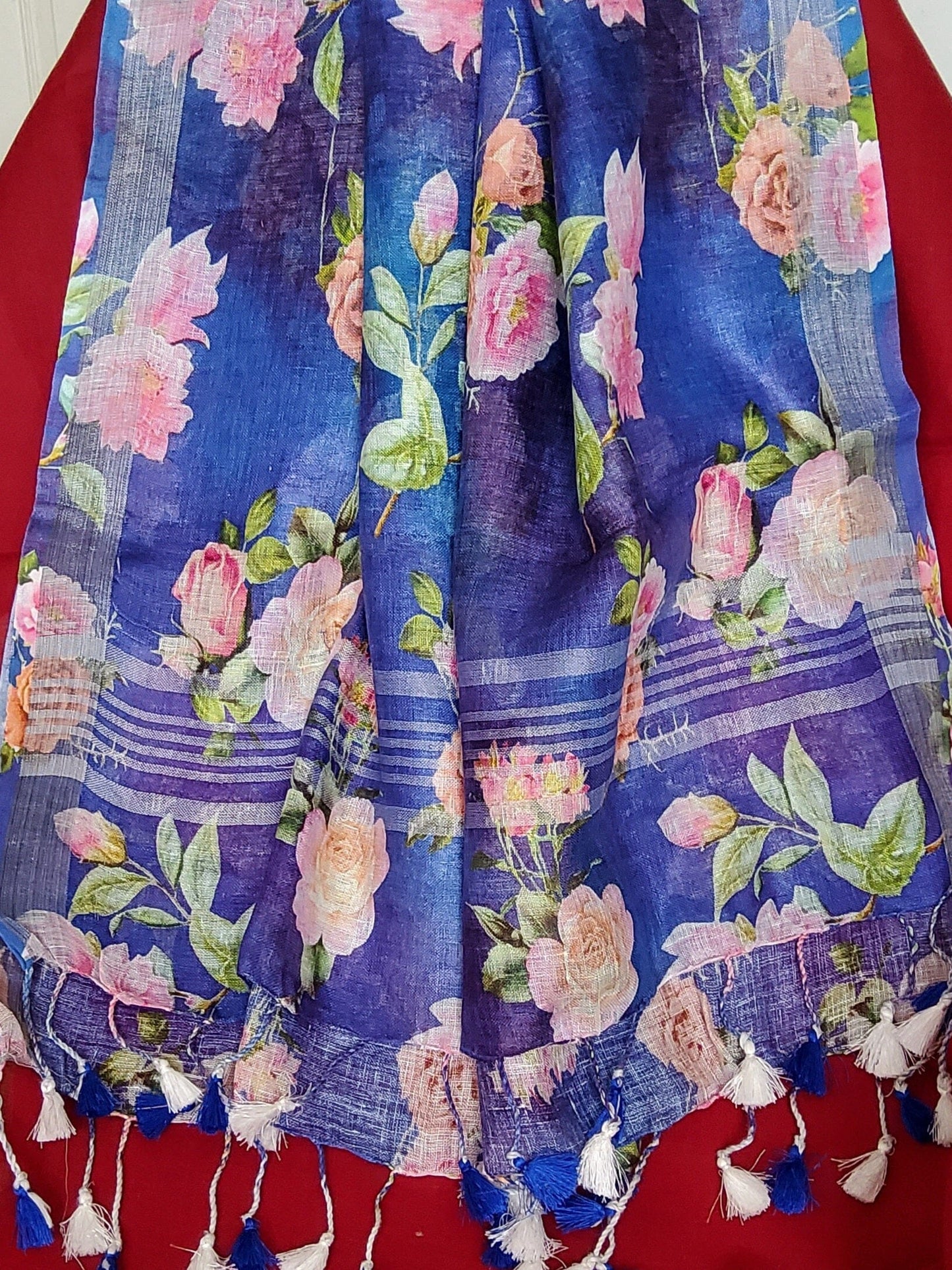 floral blue digital print pure linen dupatta