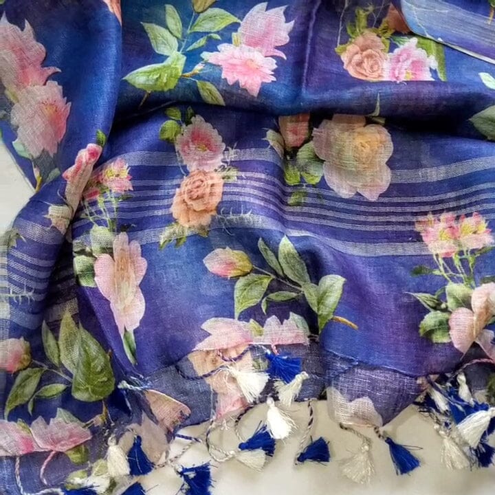 Pure Linen Digital Print Dupatta with Silver Border and tassles