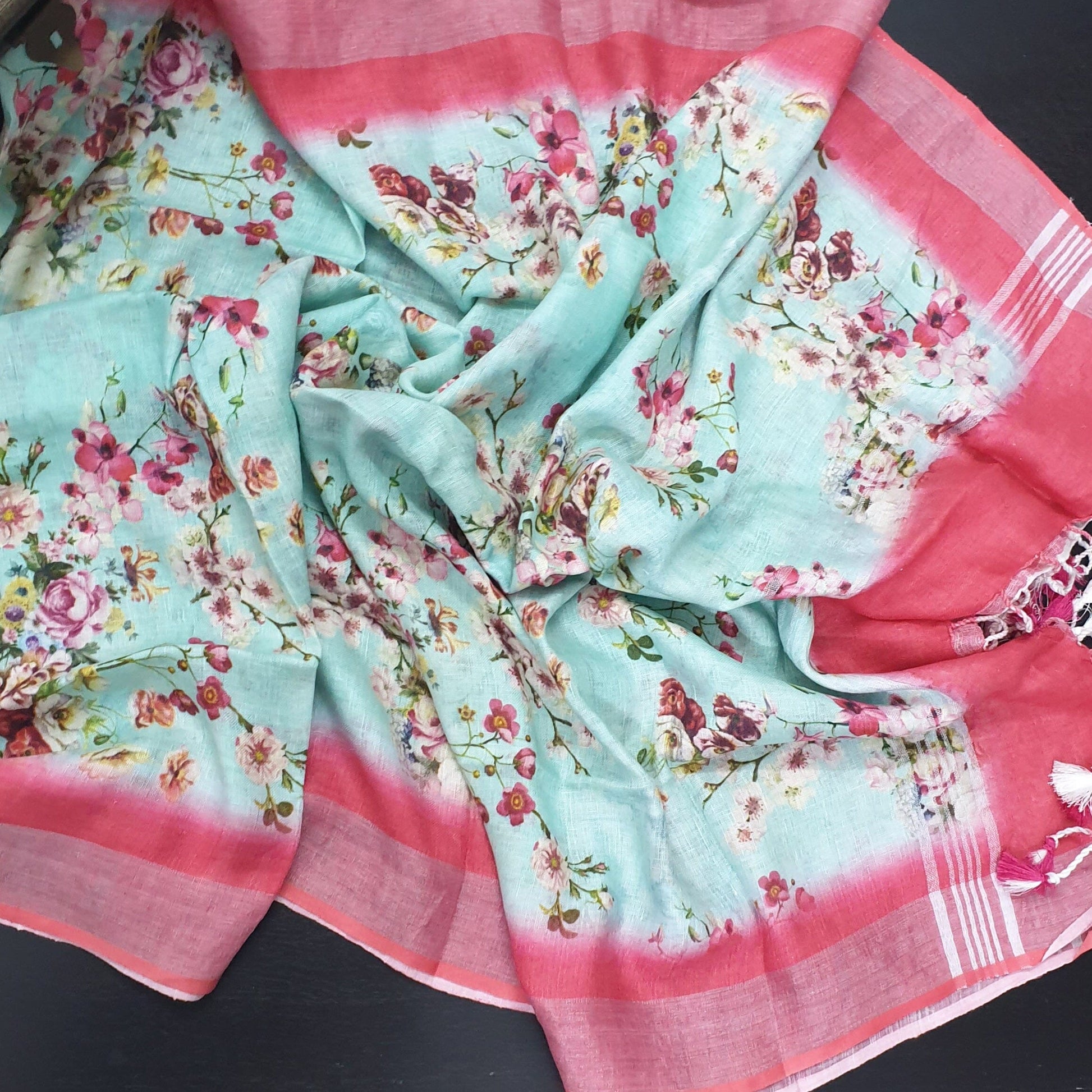 Pure Linen Digital Print Dupatta with Silver Border and Tassles