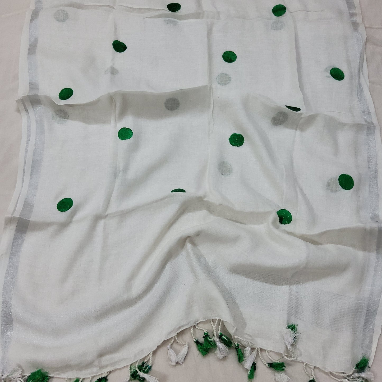 Pure Linen Embroidered Dupatta with Silver Border and Tassles