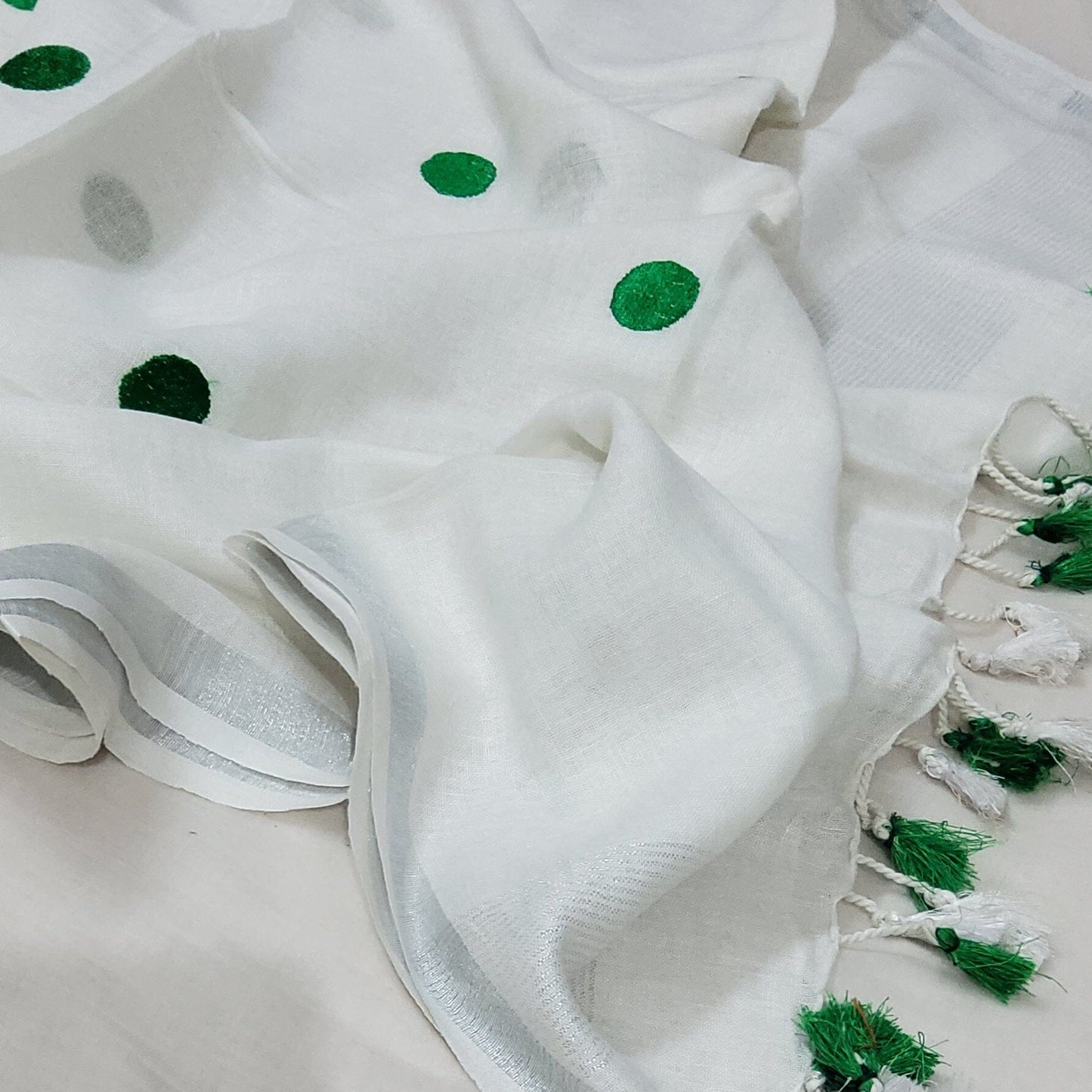 Pure Linen Embroidered Dupatta with Silver Border and Tassles