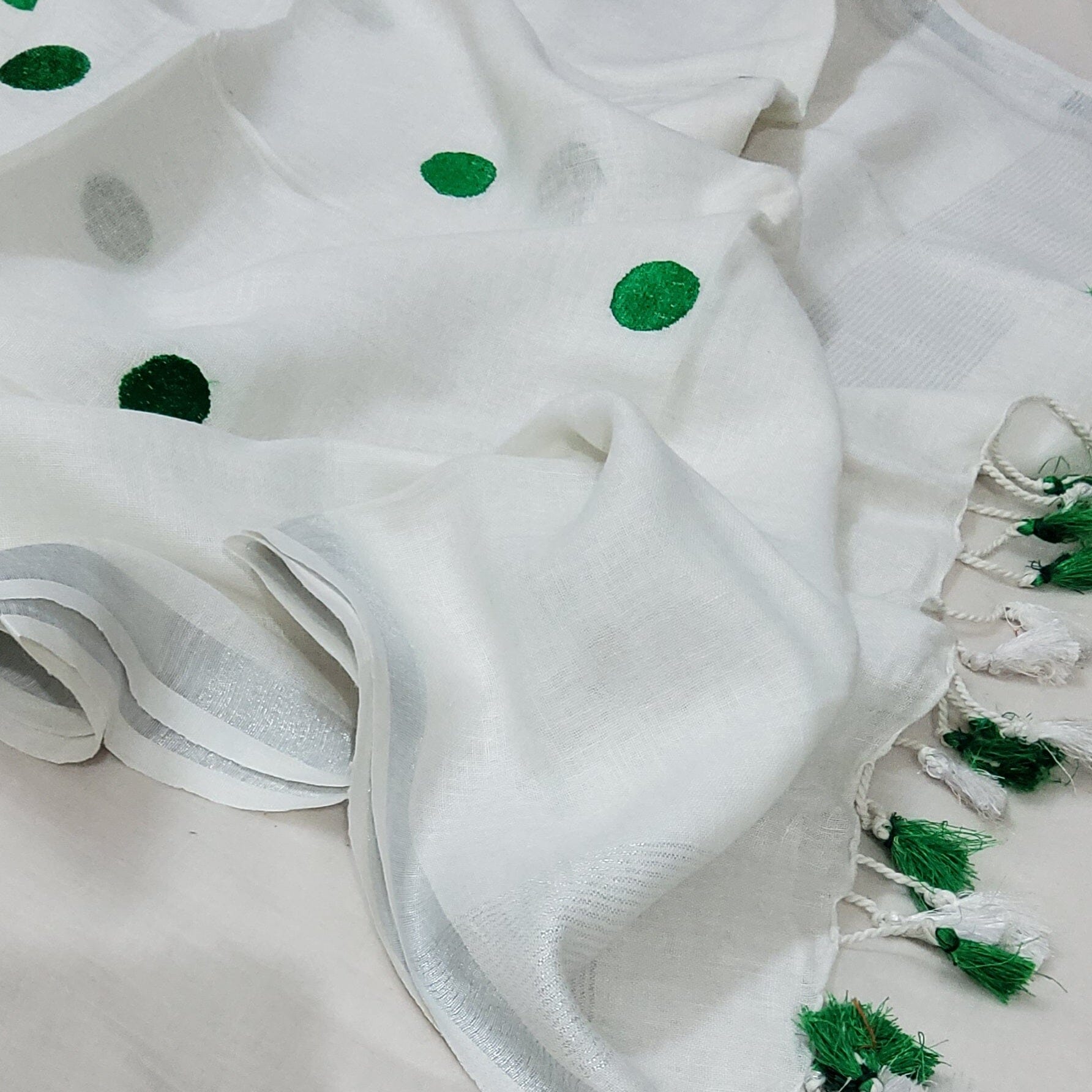 Pure Linen Embroidered Dupatta with Silver Border and Tassles