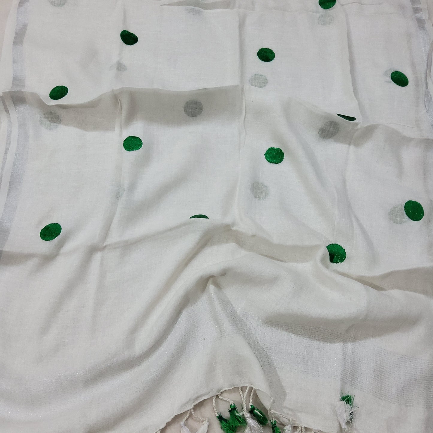 Pure Linen Embroidered Dupatta with Silver Border and Tassles