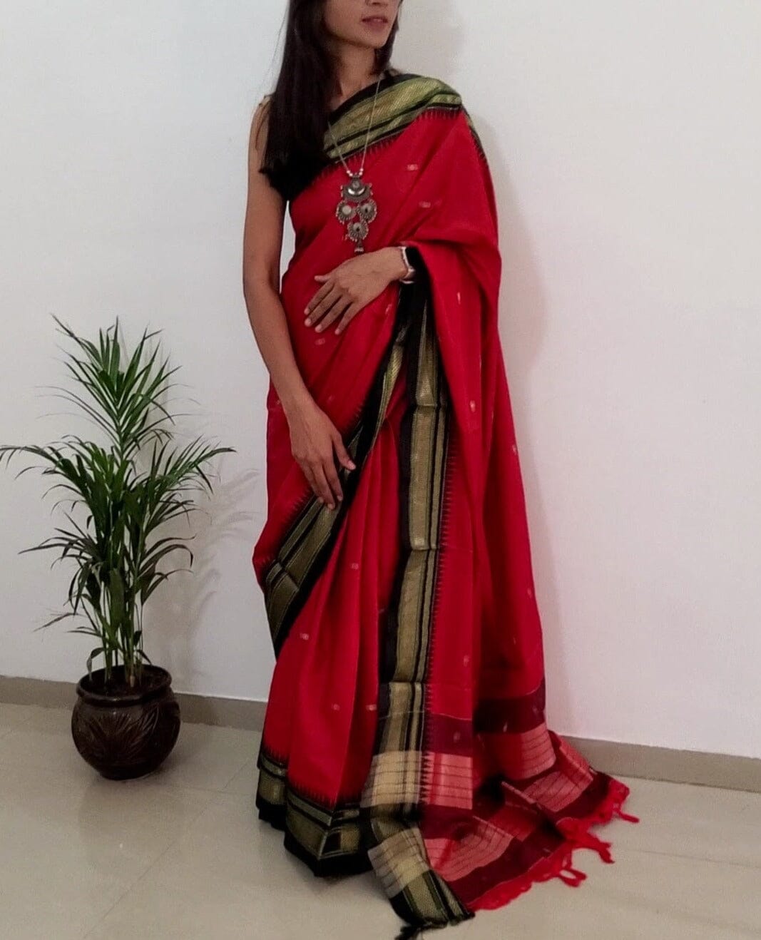 Red Black Cotton Silk Saree with Running Blouse