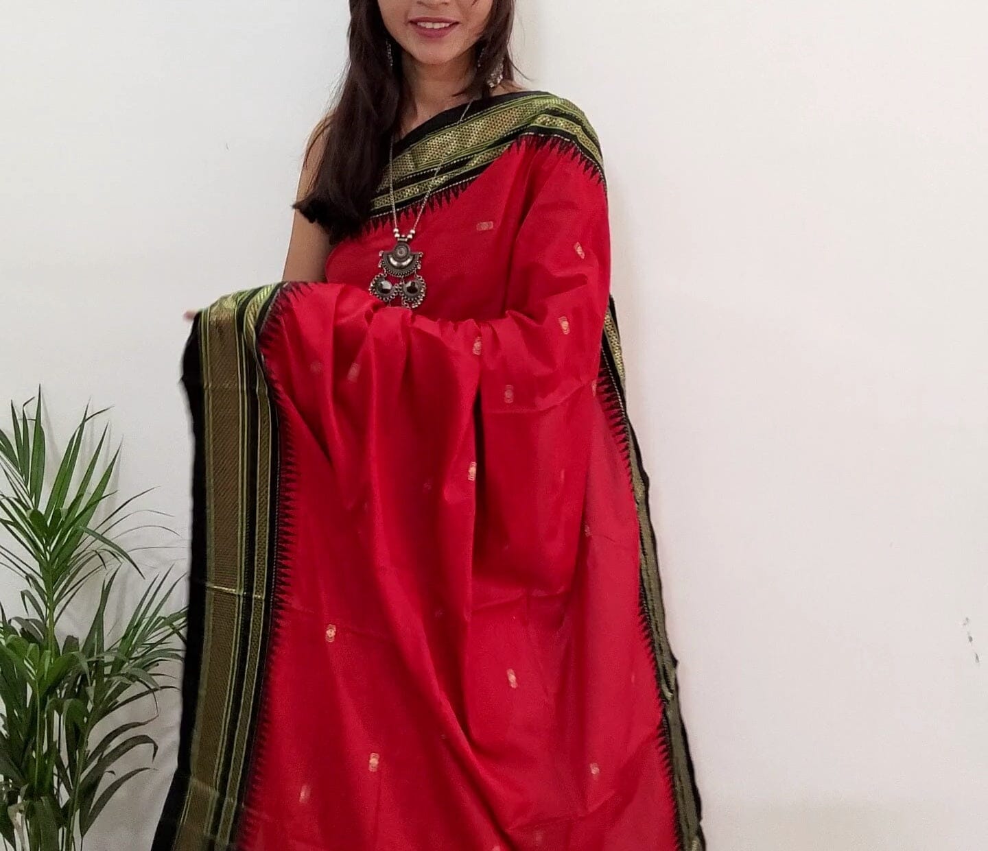 Red Black Cotton Silk Saree with Running Blouse