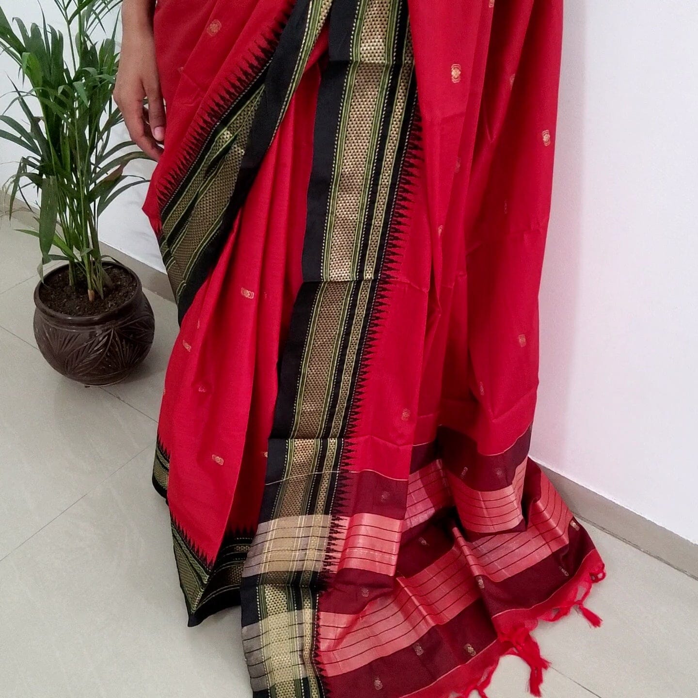 Red Black Cotton Silk Saree with Running Blouse