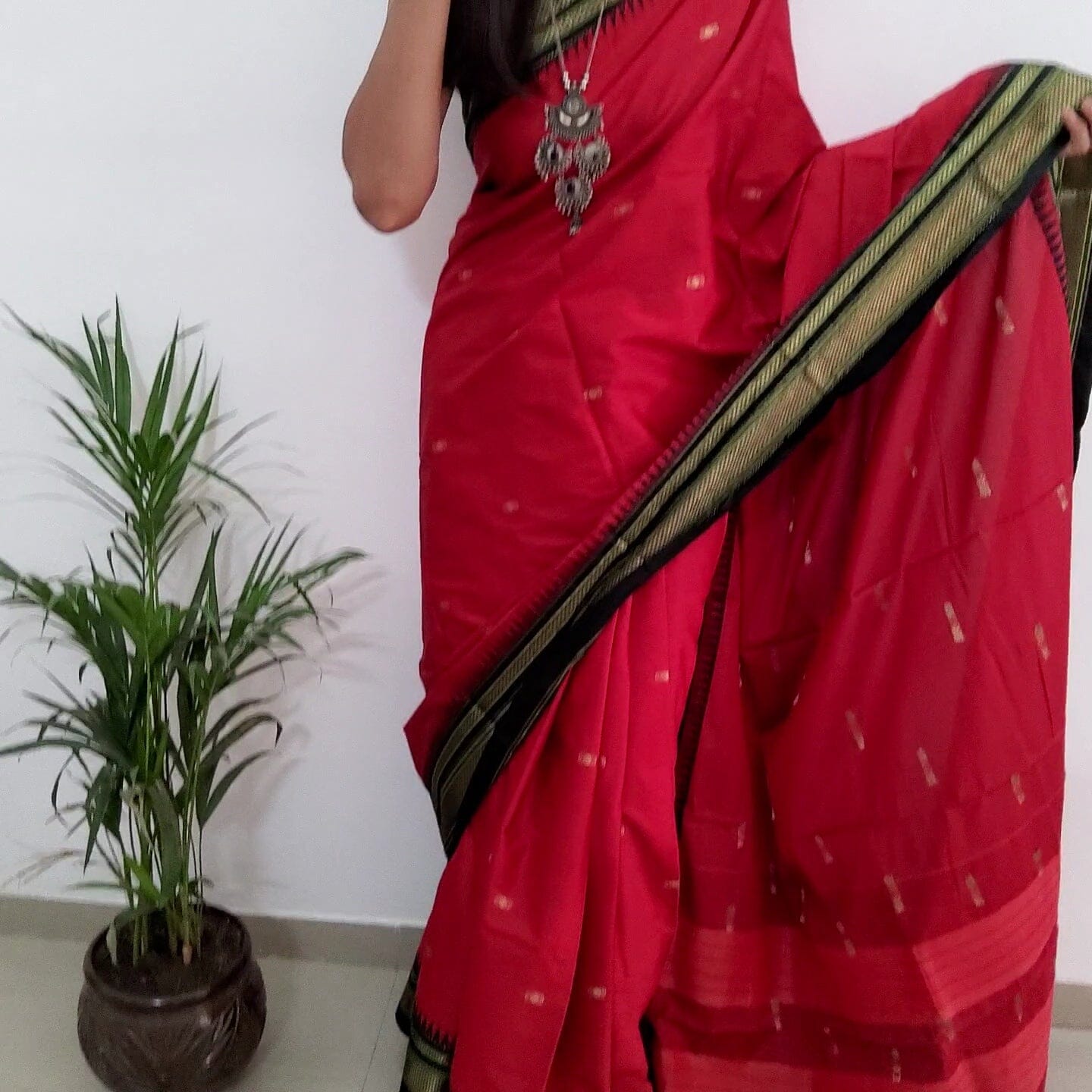 Red Black Cotton Silk Saree with Running Blouse