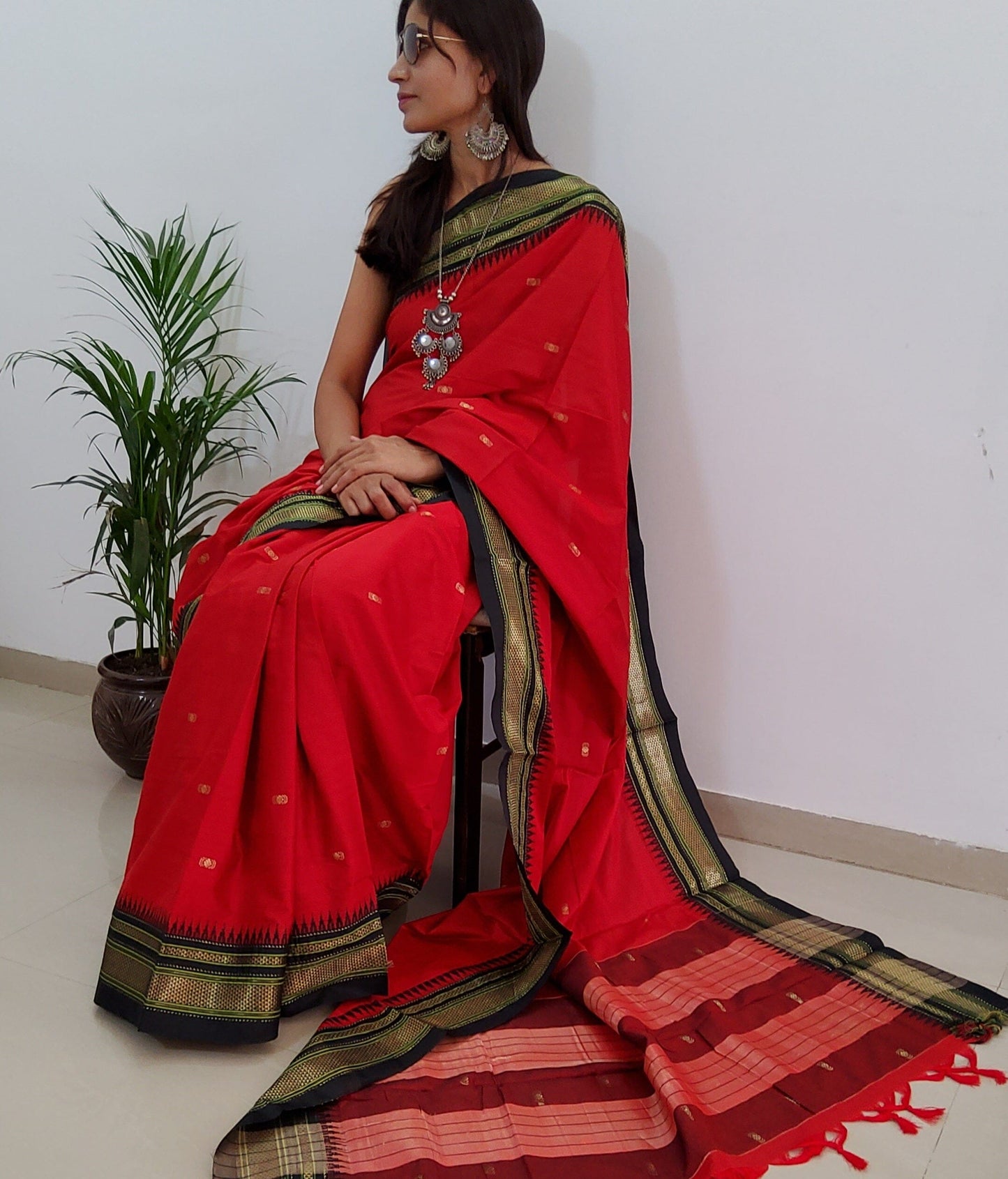Red Black Cotton Silk Saree with Running Blouse