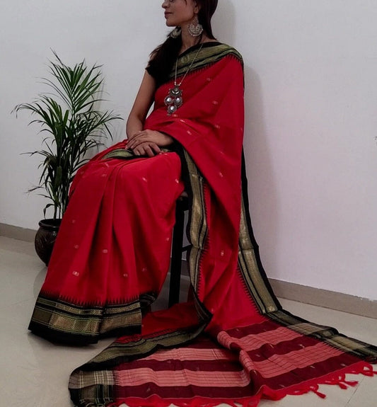 Red Black Cotton Silk Saree with Running Blouse
