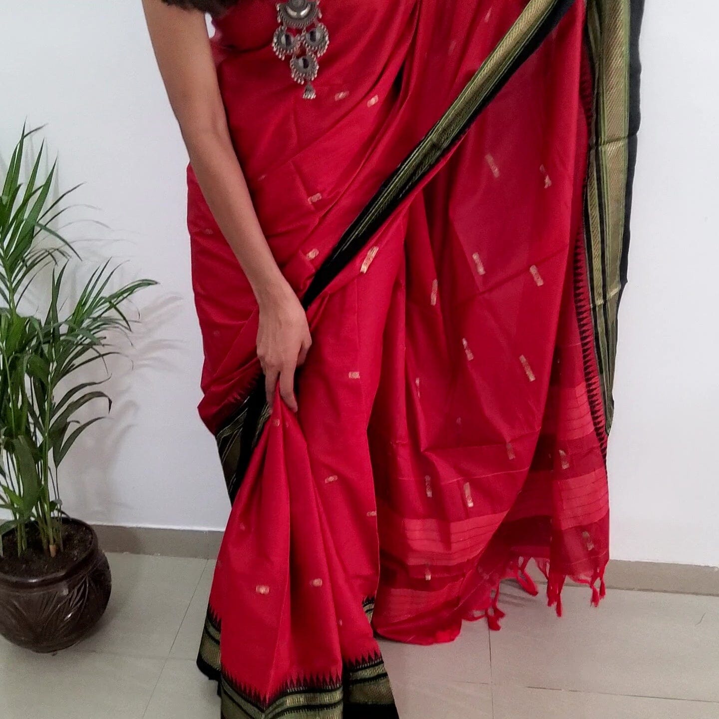 Red Black Cotton Silk Saree with Running Blouse