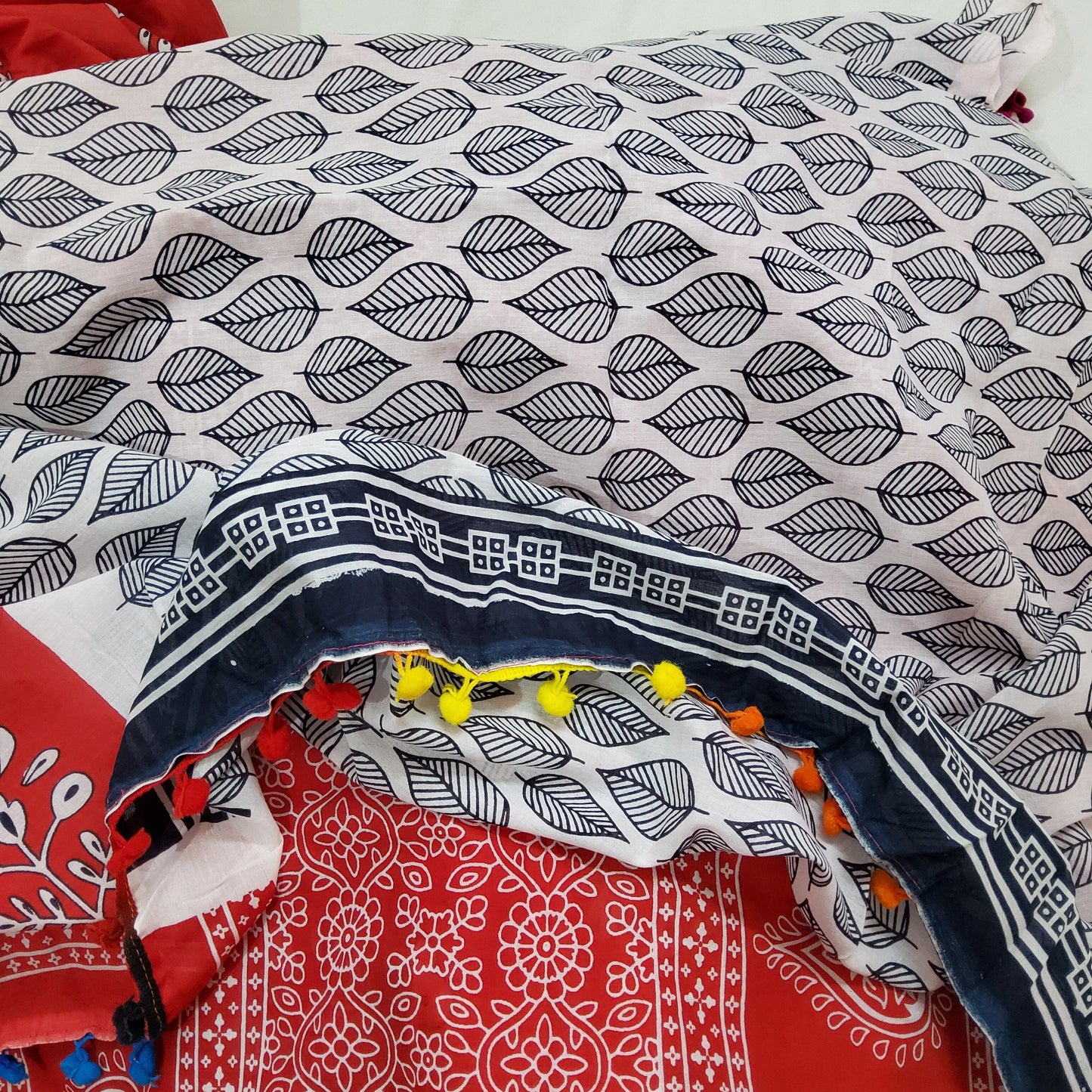 Hand Block Print Cotton Saree with Pompoms