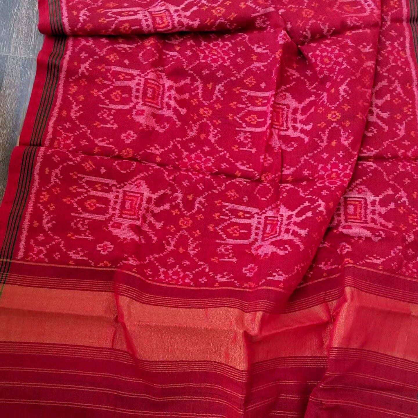 Red Patola Hand Woven Woollen Shawl with zari pallu