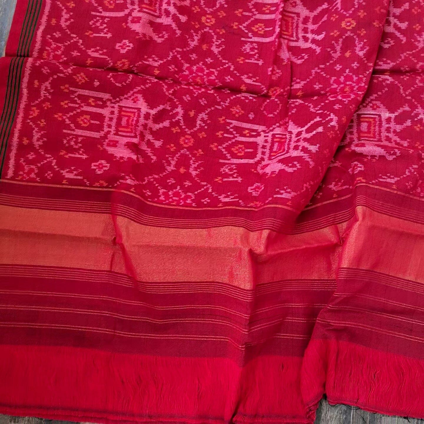 Red Patola Hand Woven Woollen Shawl with zari pallu