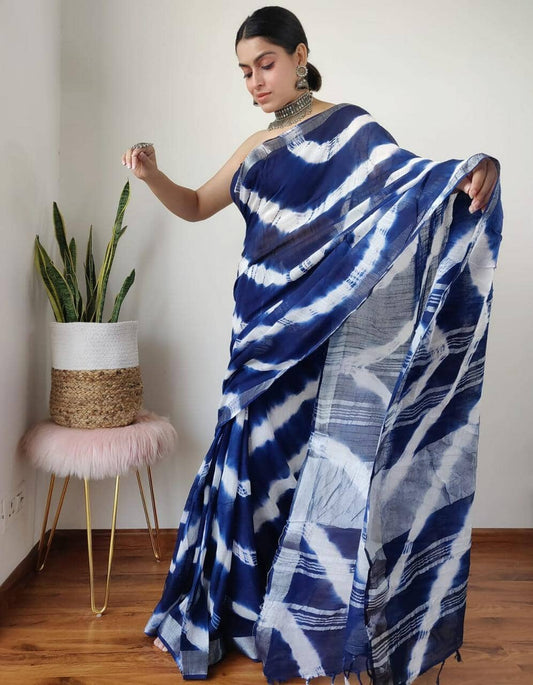 Bagru Print Linen Cotton Saree with Blouse