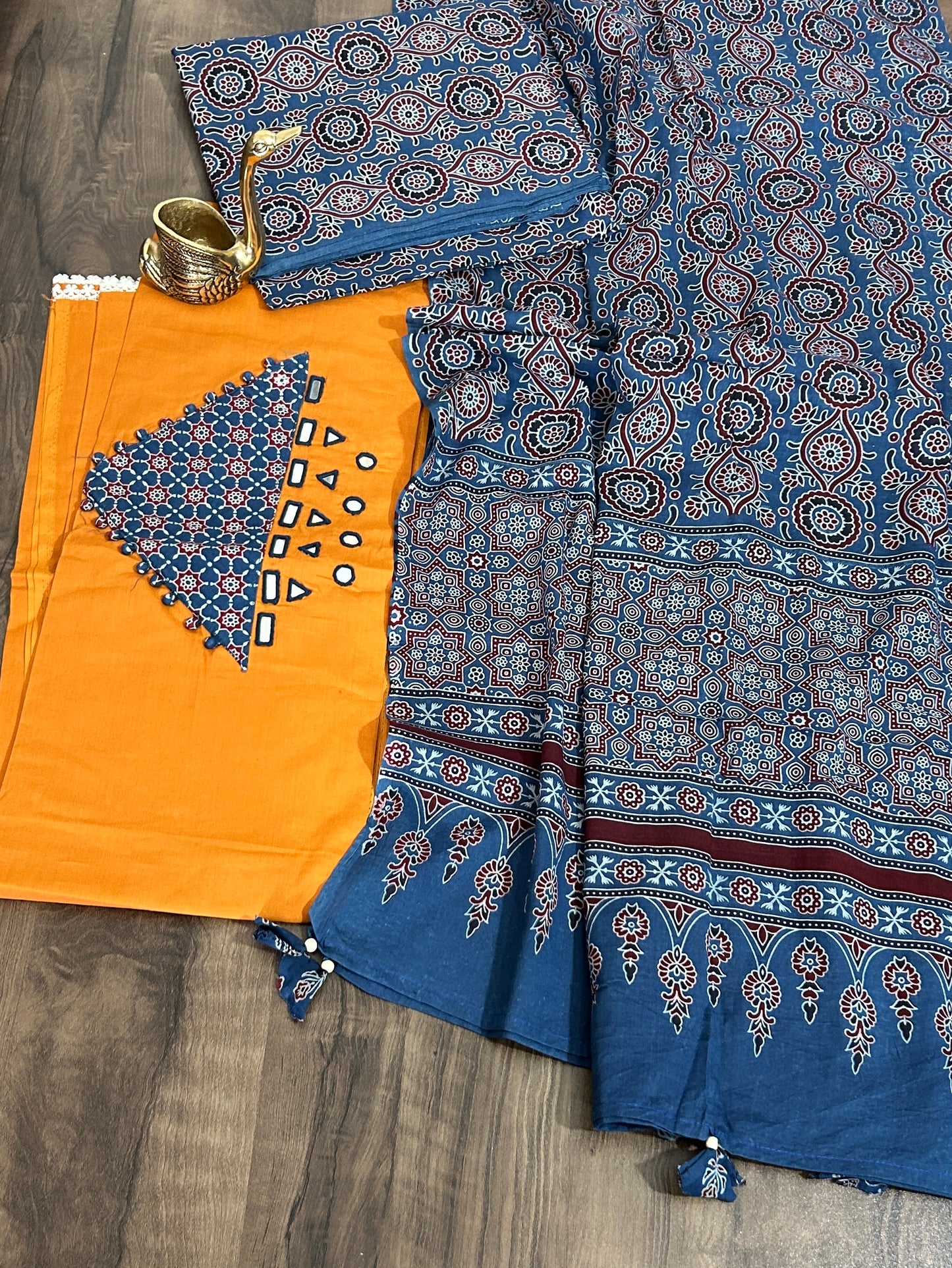 Ajrakh Cotton Dress Material with Original Mirror Work