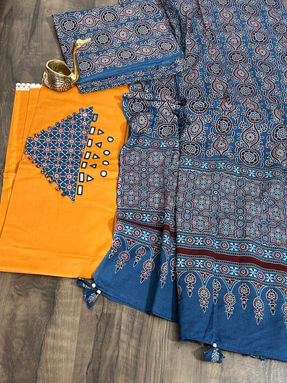 Ajrakh Cotton Dress Material with Original Mirror Work