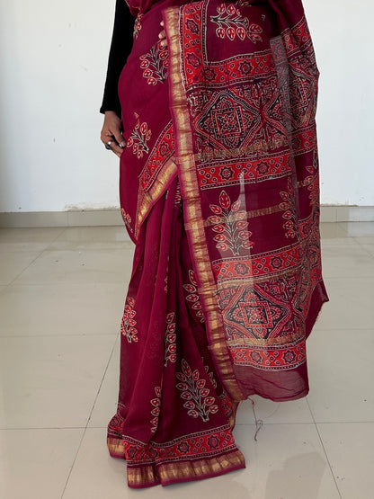 Hand Block Print Maheshwari Silk Cotton Saree *