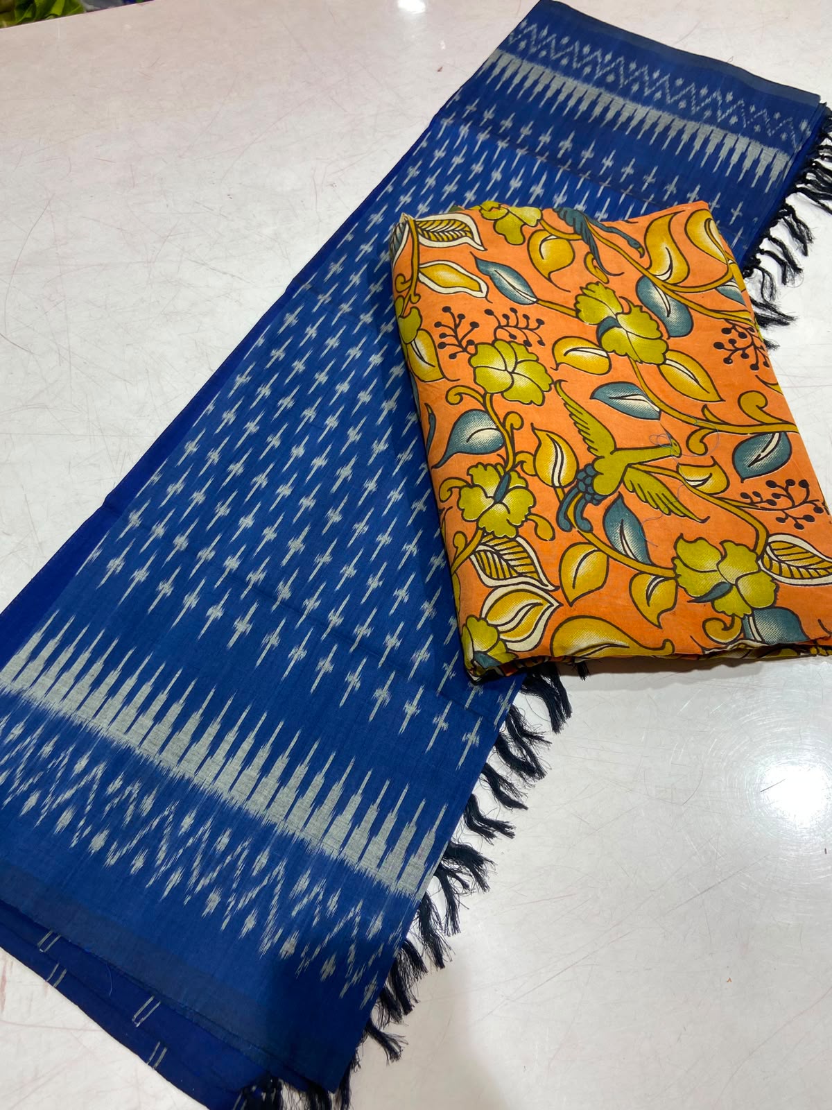 Kalamkari Silk Top with Ikat Mercerized Cotton Dupatta