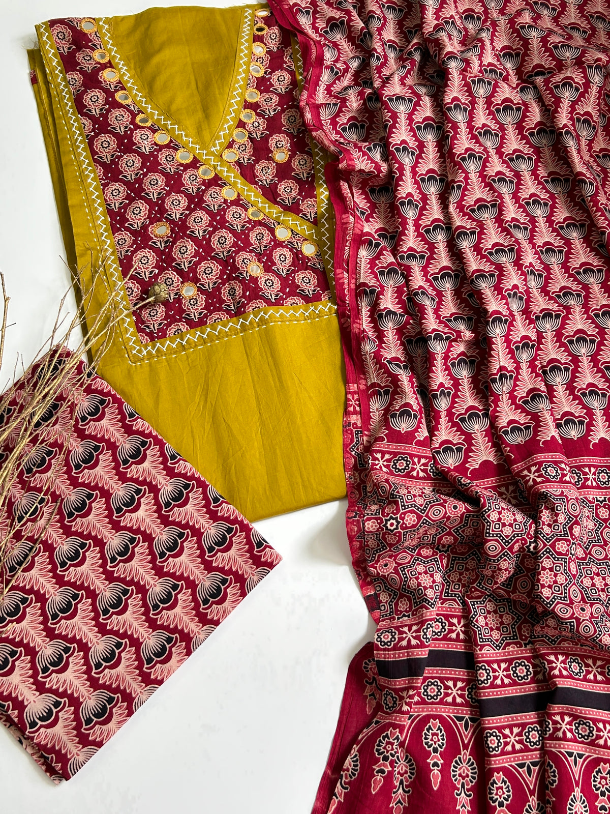 Ajrakh Cotton Dress Material with Original Mirror Work