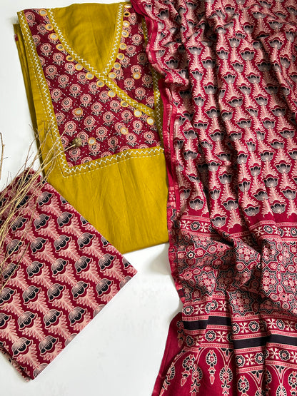 Ajrakh Cotton Dress Material with Original Mirror Work