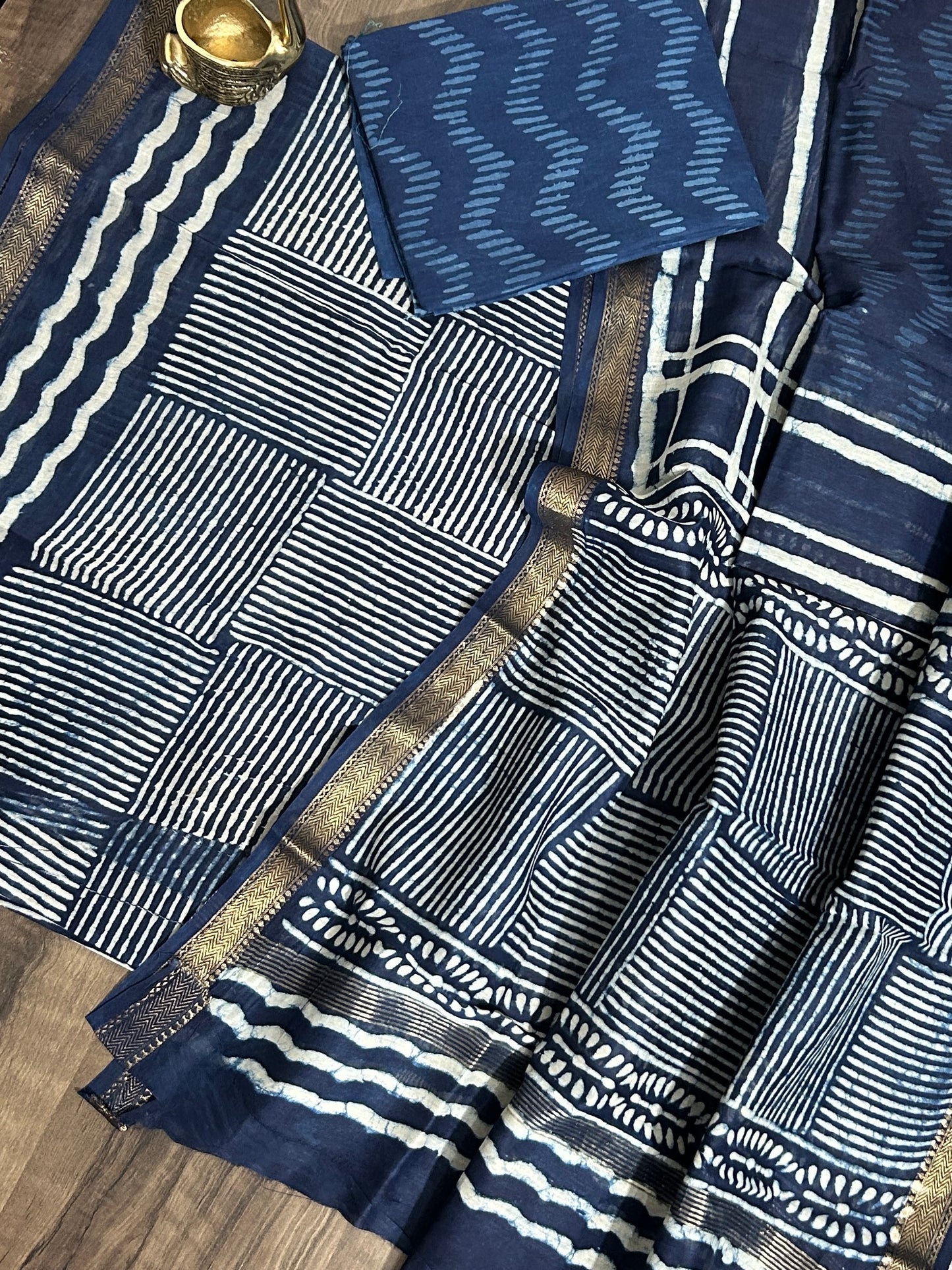 Indigo Hand BlockPrint Maheshwari Silk Cotton Dress Material