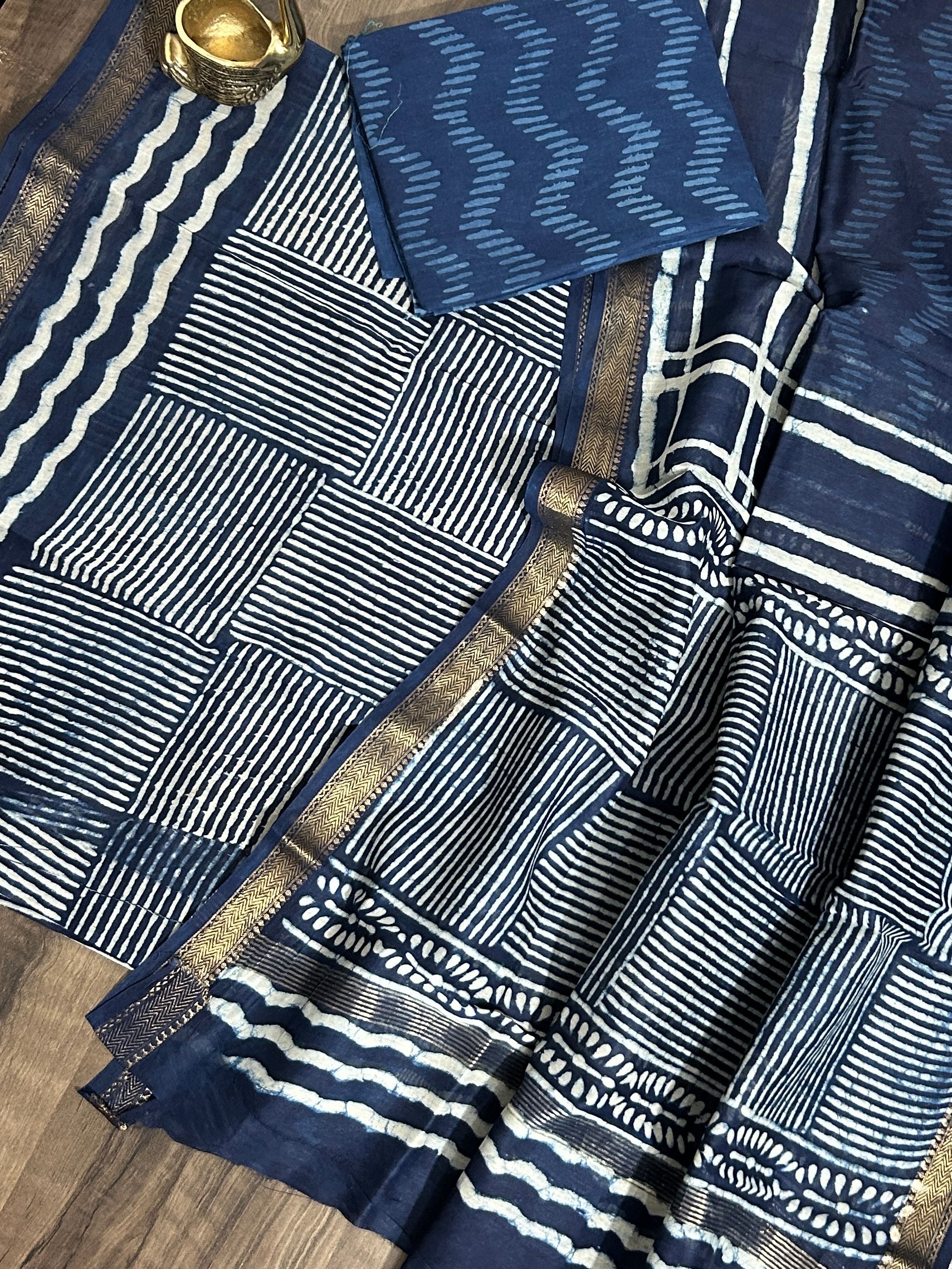 Indigo Hand BlockPrint Maheshwari Silk Cotton Dress Material