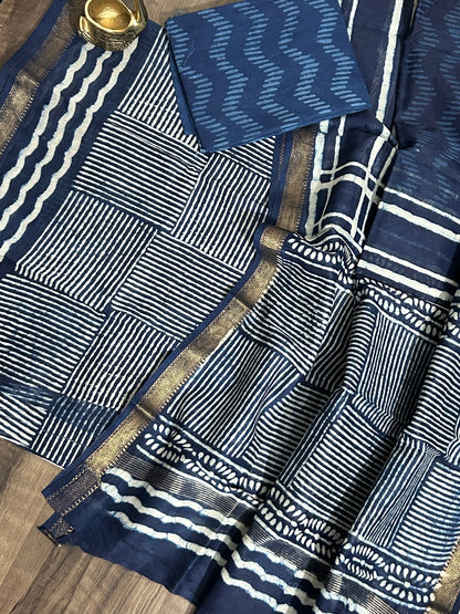 Indigo Hand BlockPrint Maheshwari Silk Cotton Dress Material