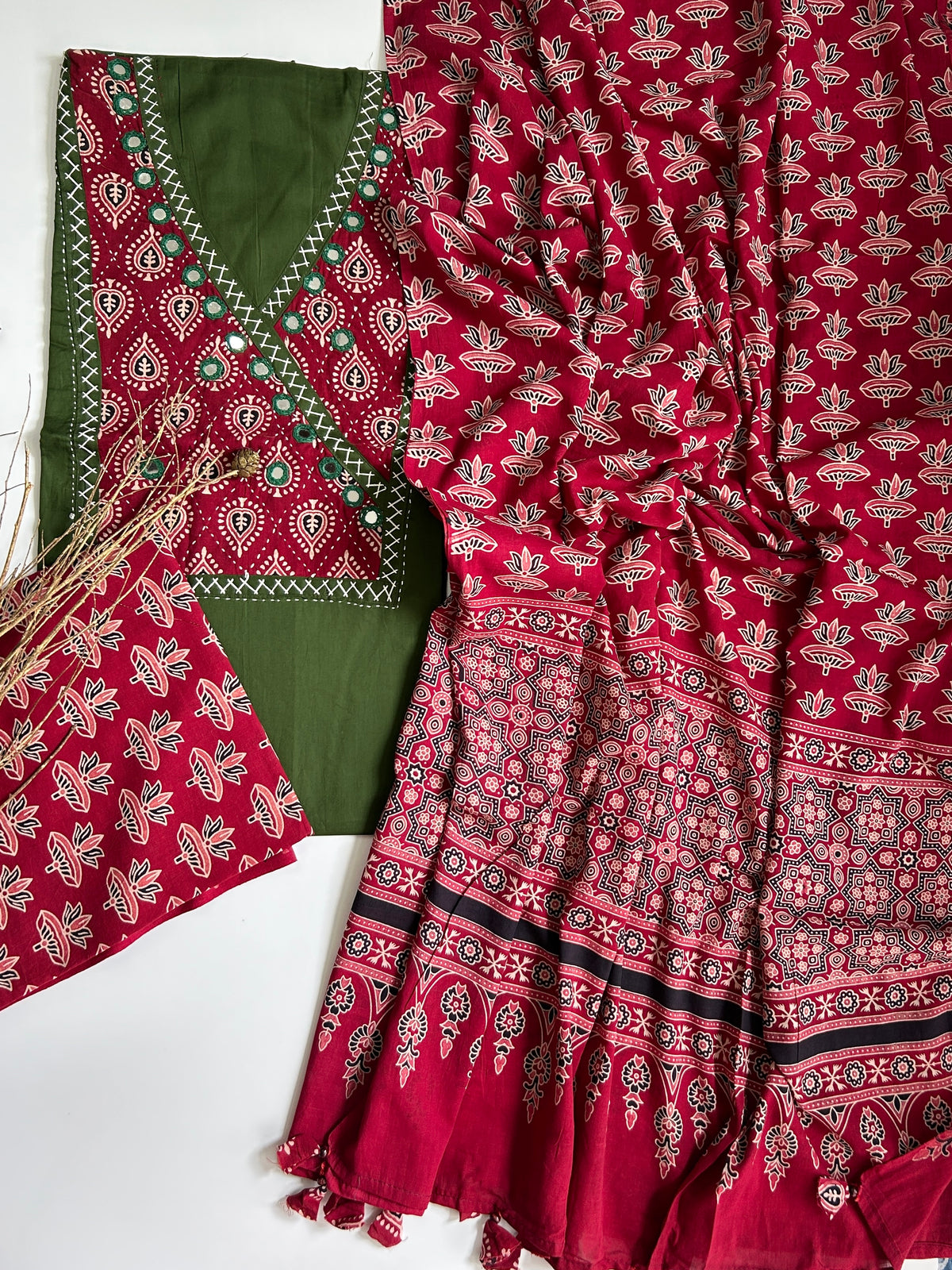 Green Red Ajrakh Cotton Dress Material with Original Mirror Work