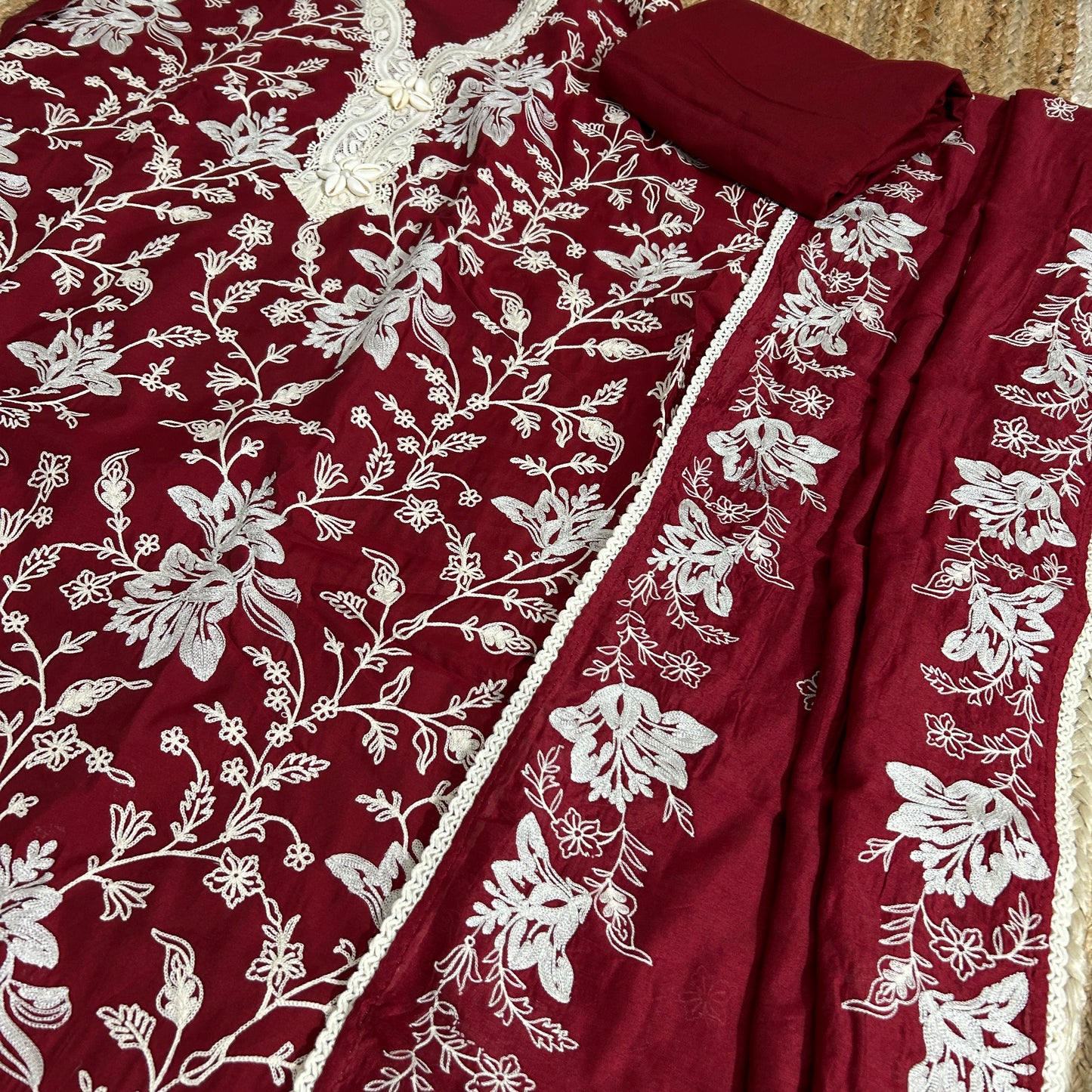 Maroon Embroidered silk Cotton Dress Material