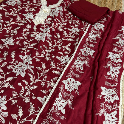 Maroon Embroidered silk Cotton Dress Material