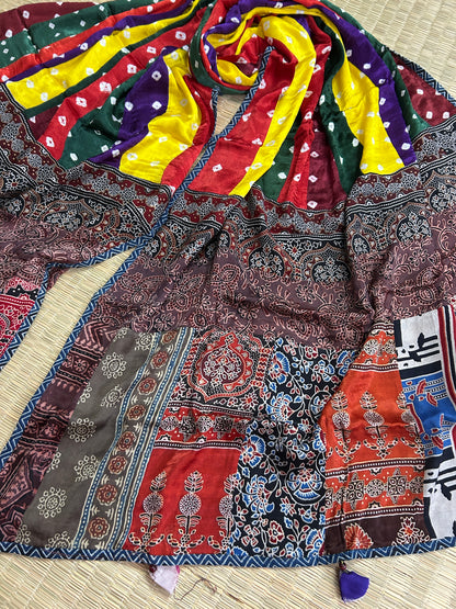 Ajrakh Bandani Patch Work Modal Silk Dupatta (D60)