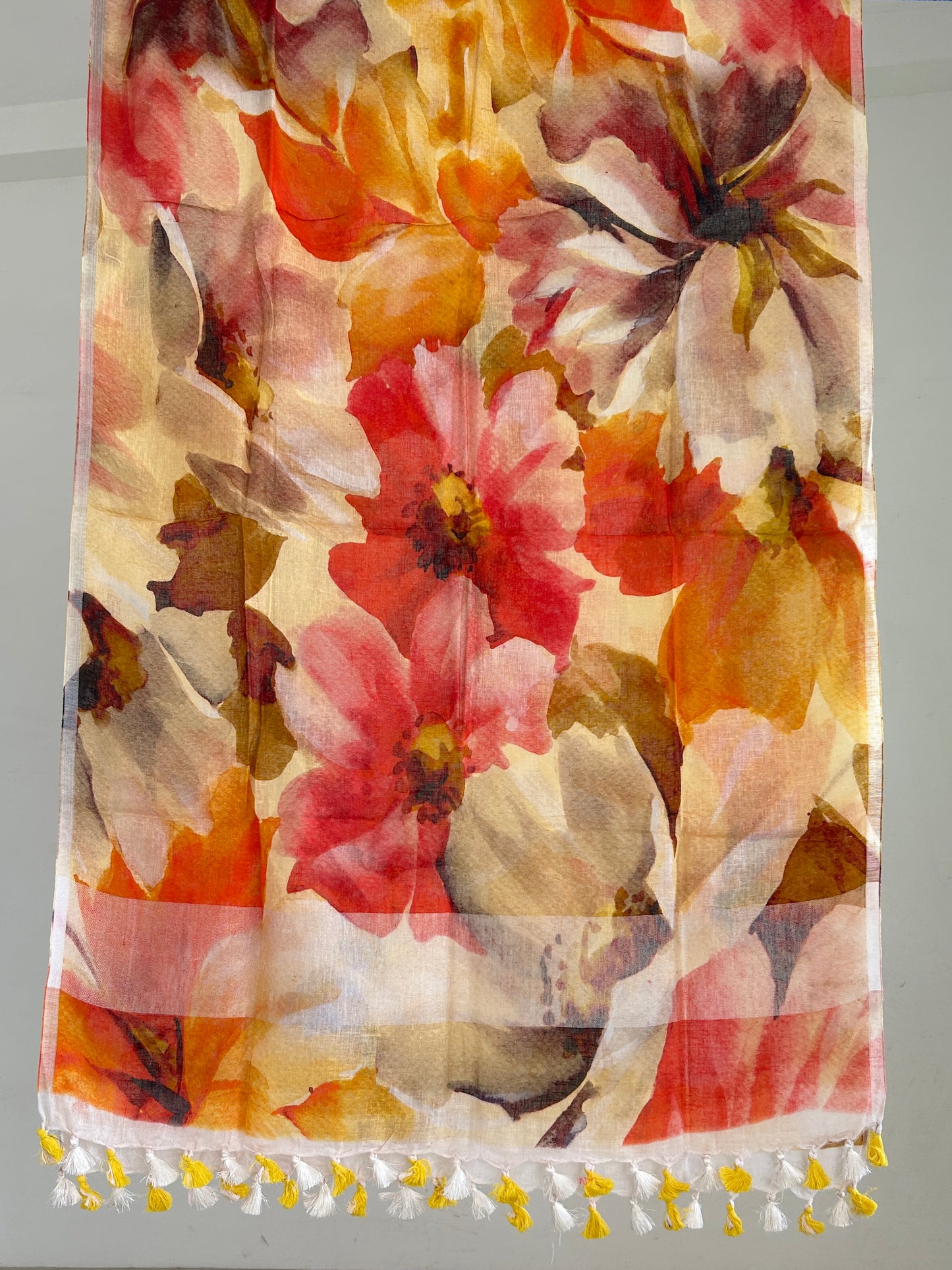 Linen Digital Print Dupatta with Silver Border and tassels