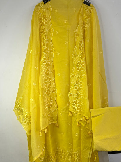 Yellow Applique Work Banarsee Dress Material