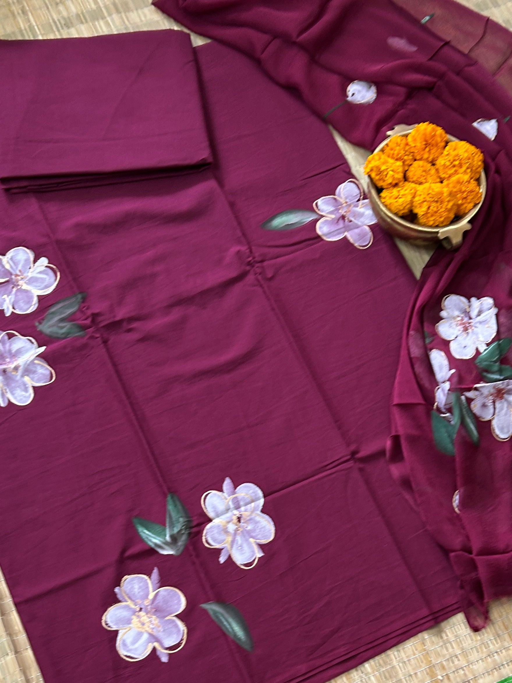 Hand Painted Cotton Dress Material with Chiffon dupatta