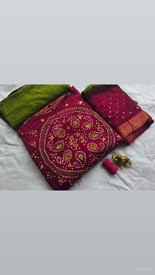 Bandhej HandWork and Mirror Work Cotton Dress Material