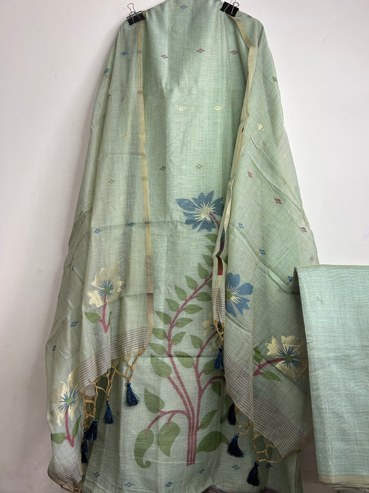 Apple Green Assam Muga Cotton Woven Dress Material