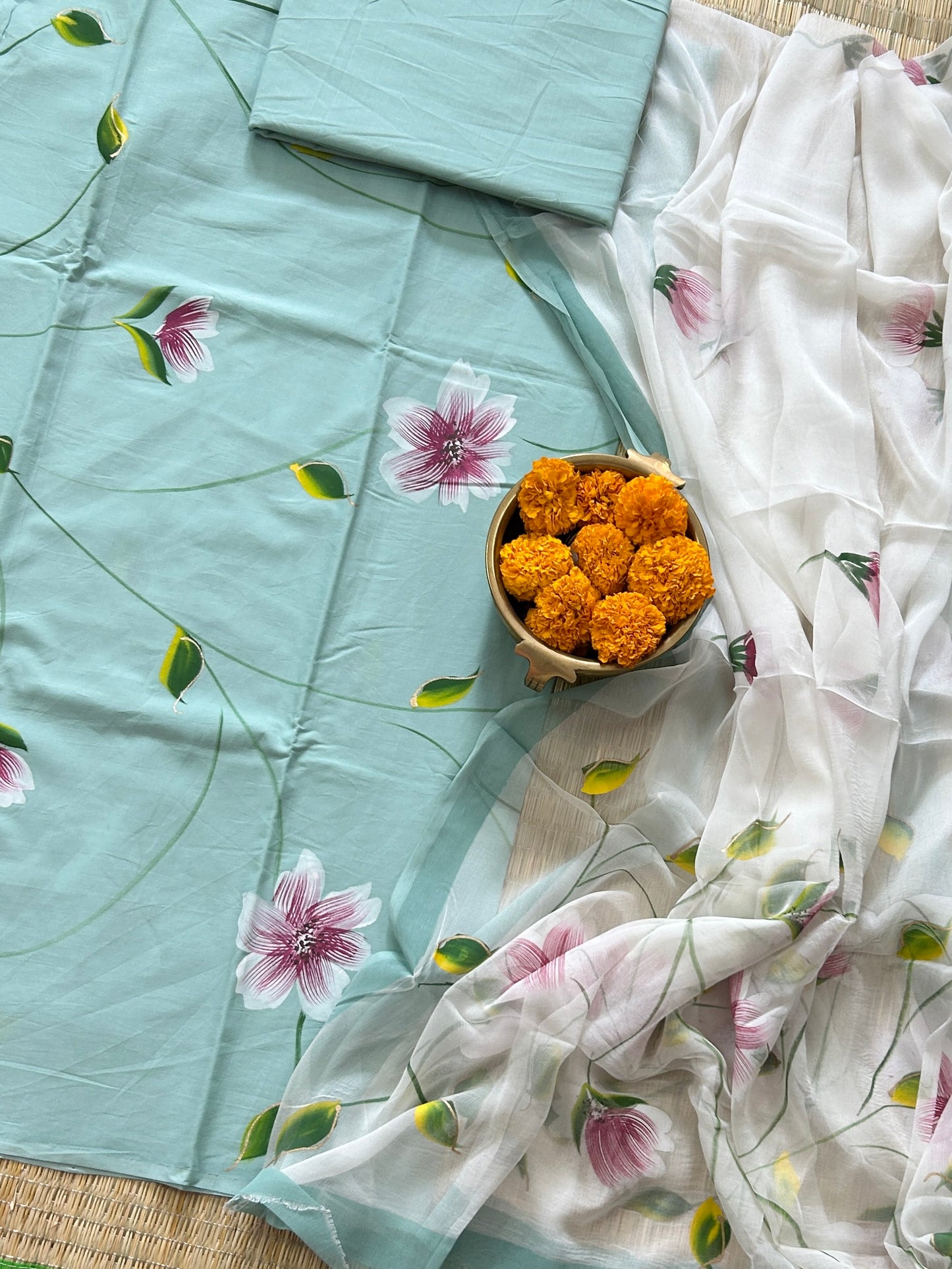 Hand Painted Cotton Dress Material with Chiffon dupatta