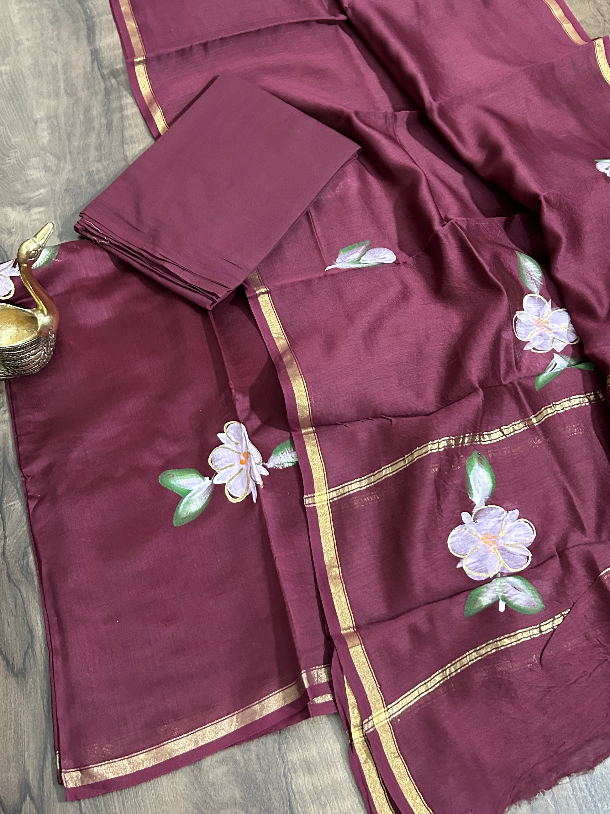 Wine Hand Painted Chanderi Silk Cotton Dress Material