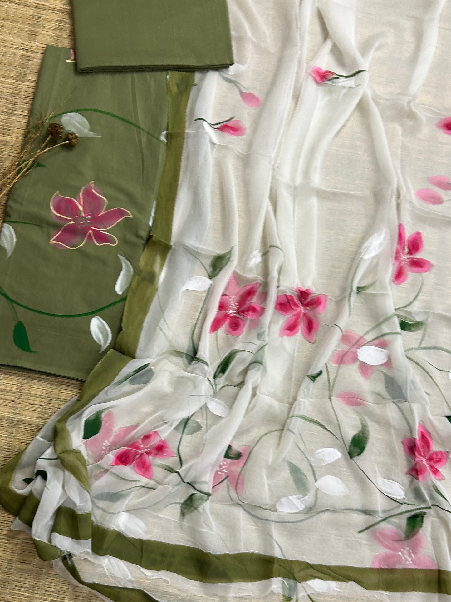 Hand Painted Cotton Dress Material with Chiffon Dupatta