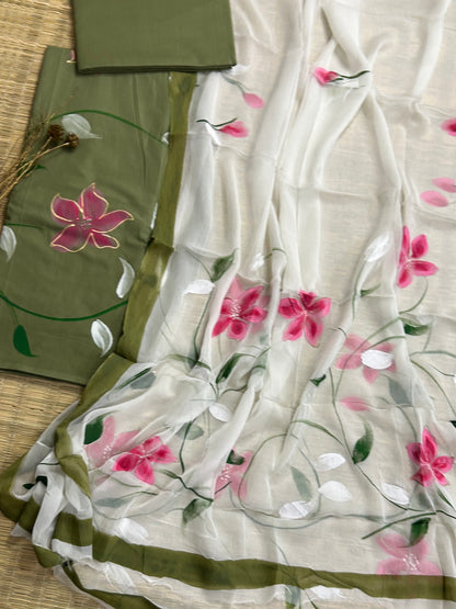 Hand Painted Cotton Dress Material with Chiffon Dupatta
