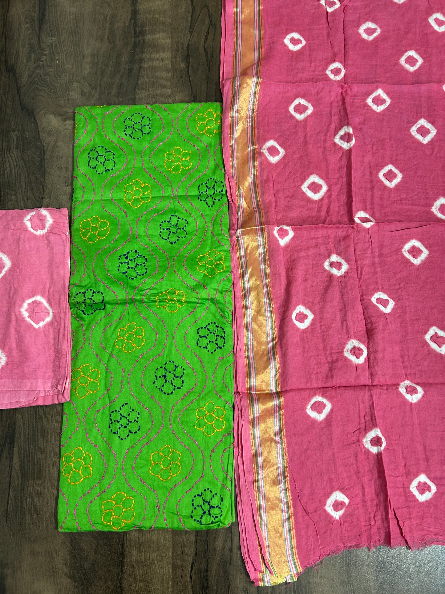 Embroidered Cotton Bandhej Dress Material