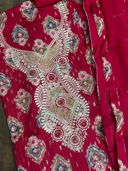 Embroidered Cotton Dress Material with Chiffon Dupatta