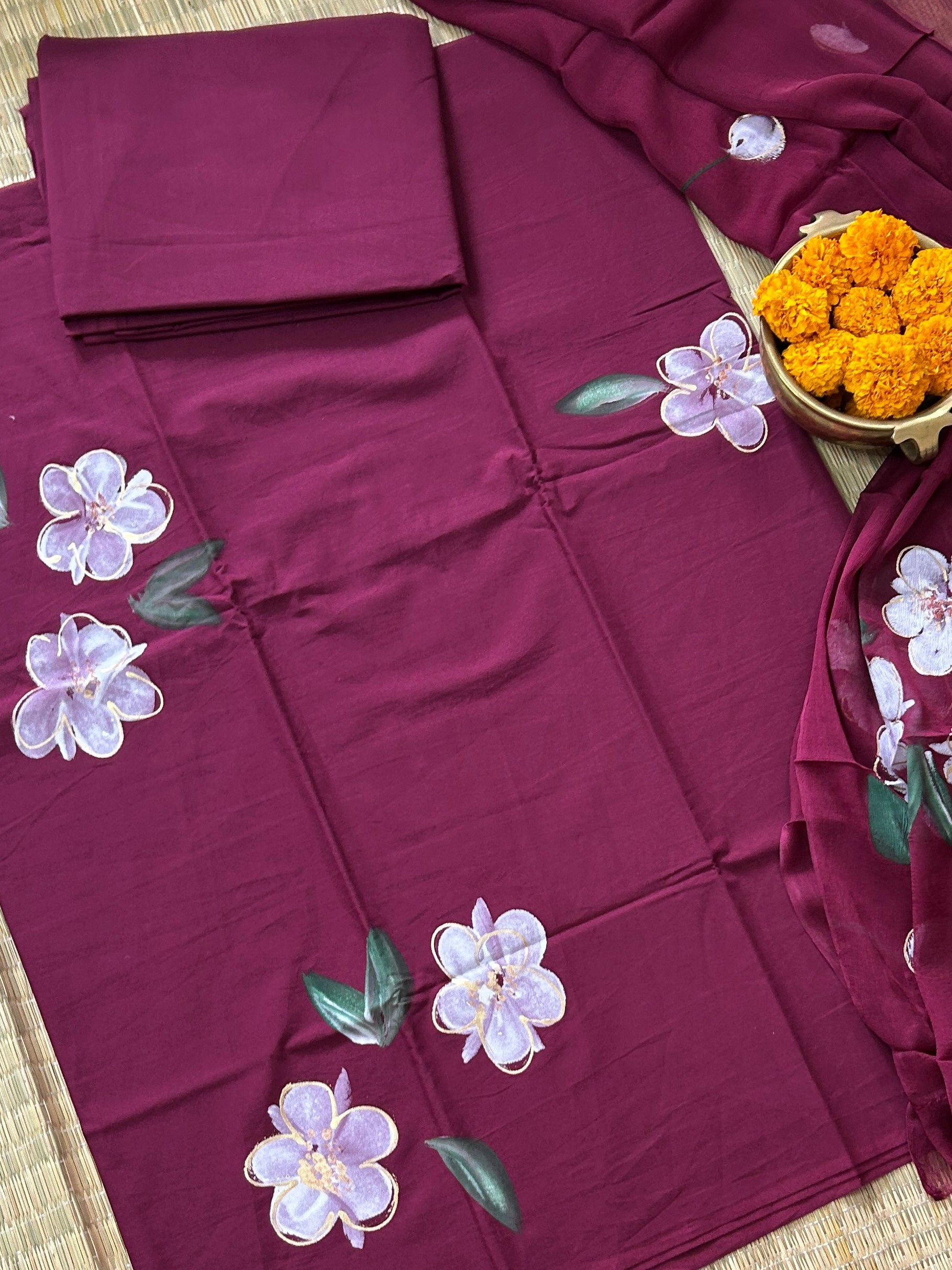Hand Painted Cotton Dress Material with Chiffon dupatta