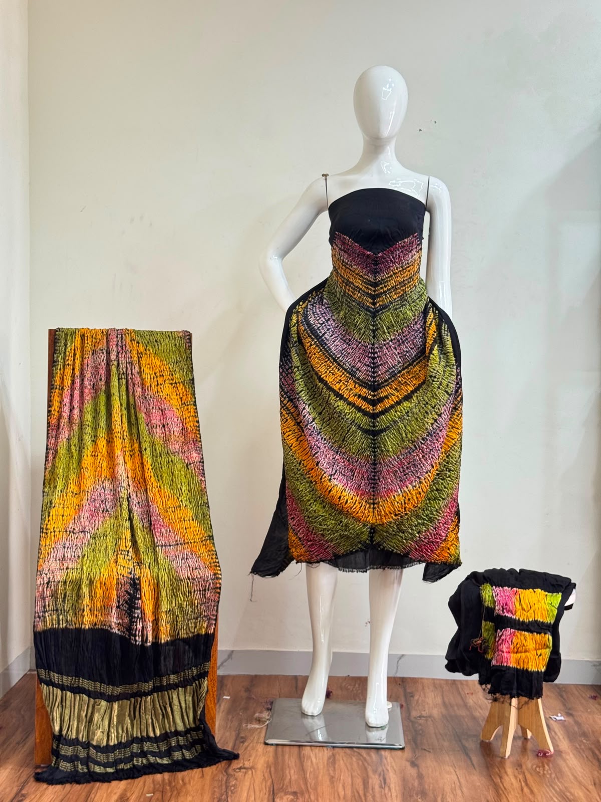 Multi coloured shibori modal silk dress material