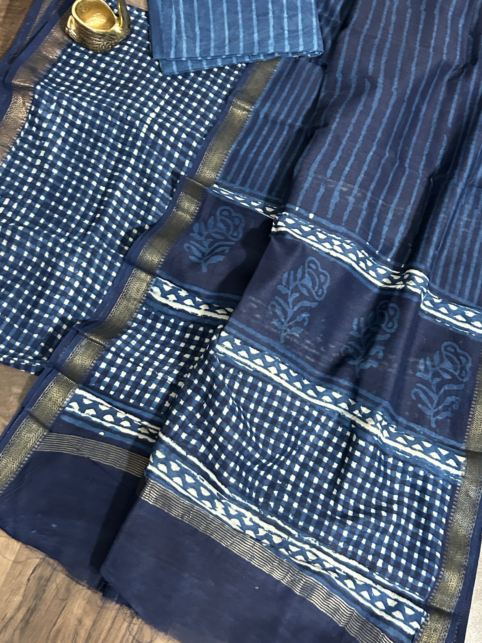 Indigo Hand BlockPrint Maheshwari Silk Cotton Dress Material