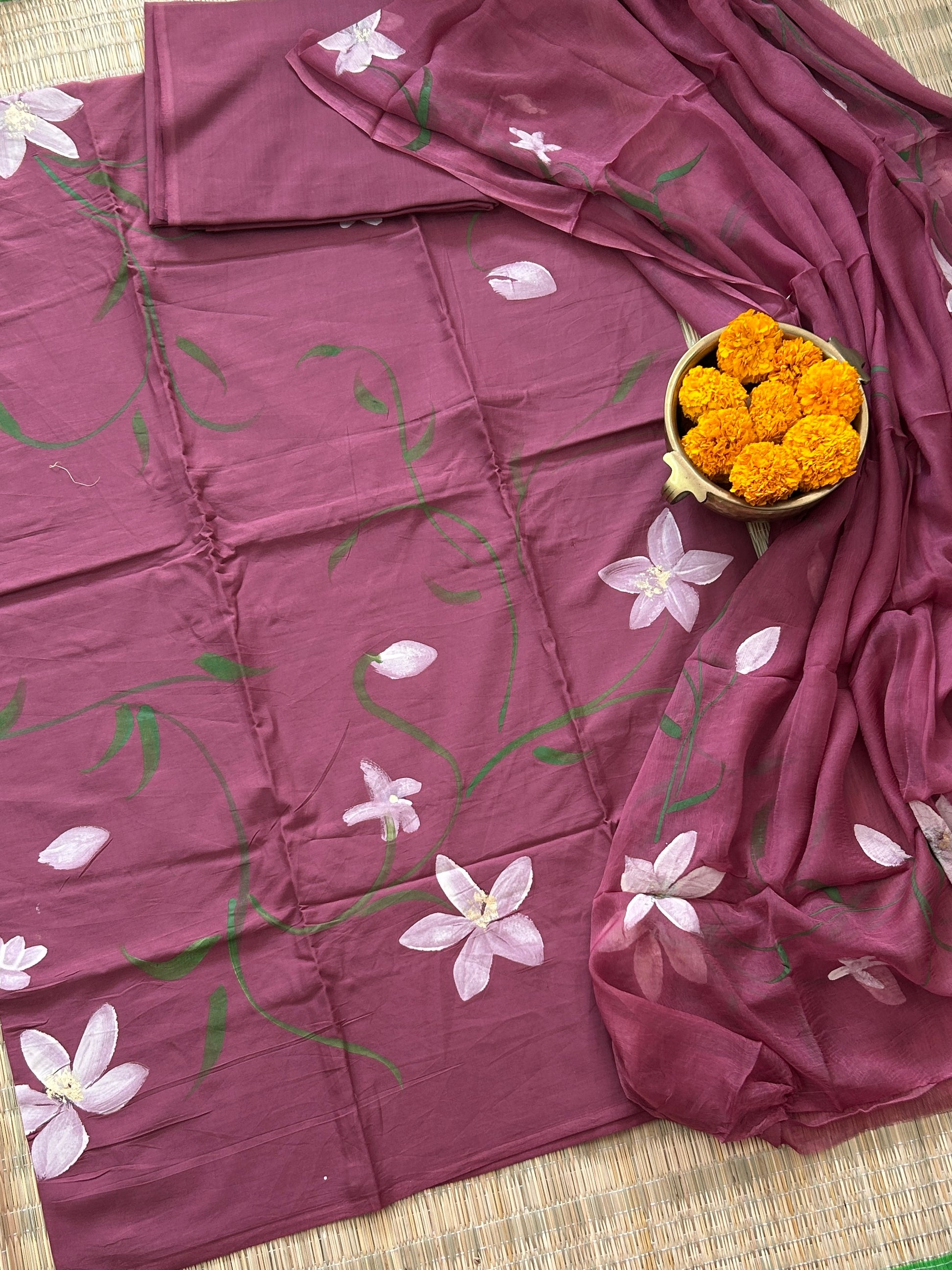 Hand Painted Cotton Dress Material with Chiffon Dupatta