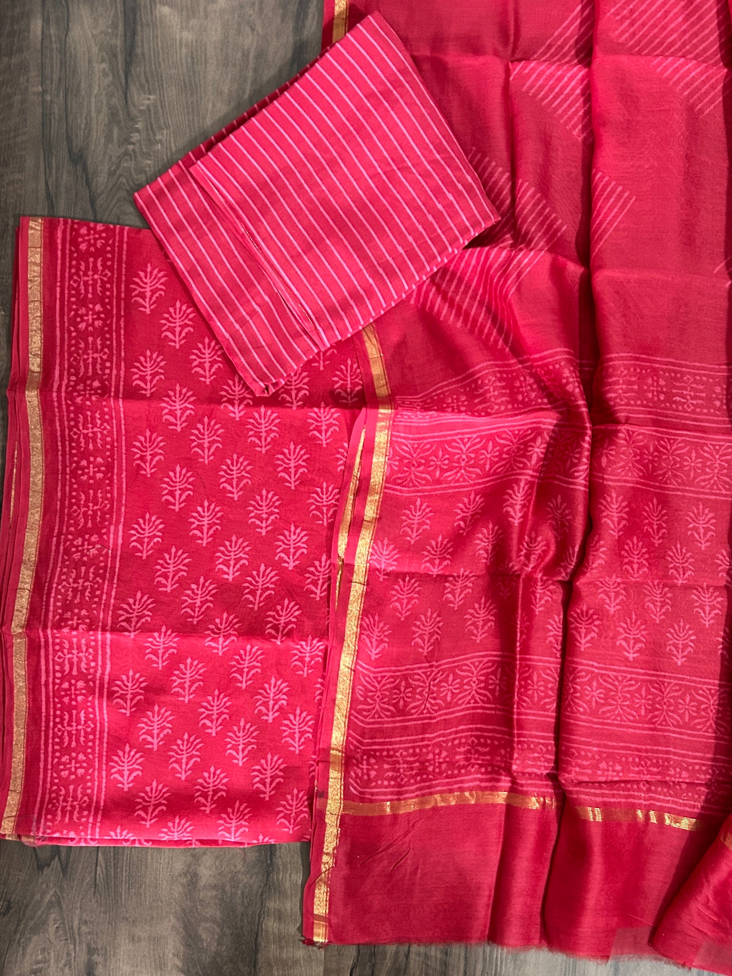 Hand Block Printed Chanderi Silk Cotton Dress Material with Shantoon Bottom