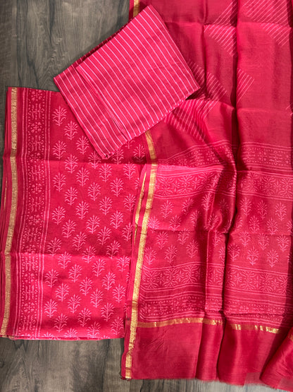 Hand Block Printed Chanderi Silk Cotton Dress Material with Shantoon Bottom