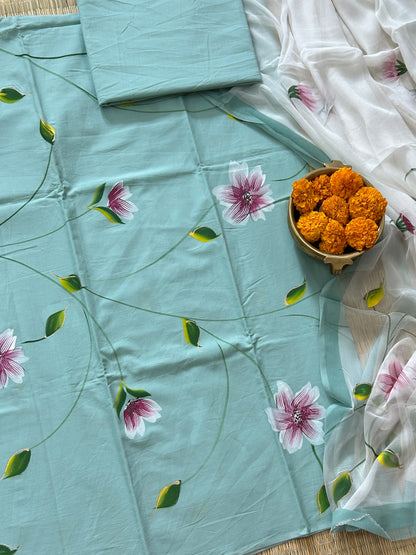 Hand Painted Cotton Dress Material with Chiffon dupatta
